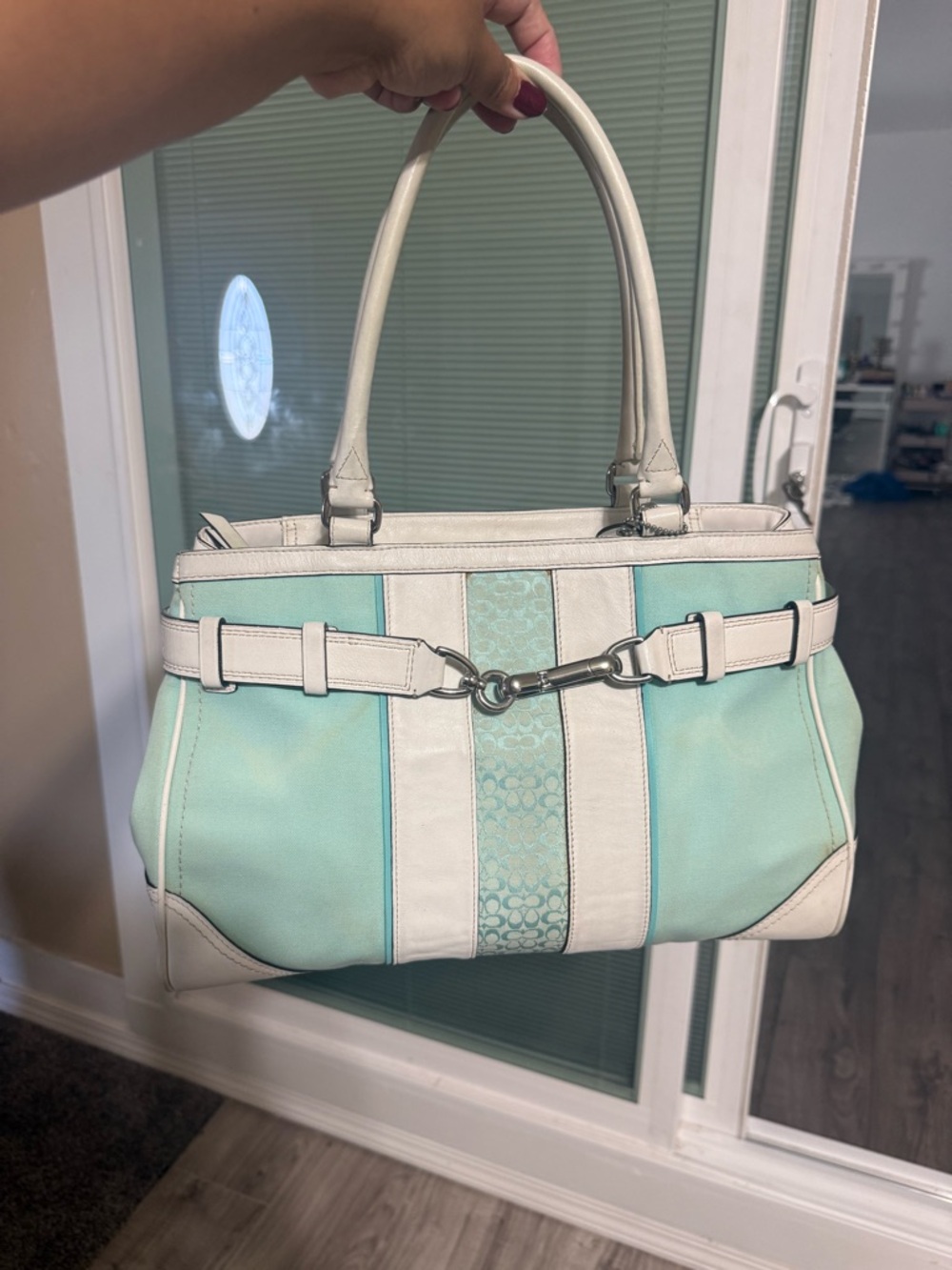 Coach white and blue leather handbag